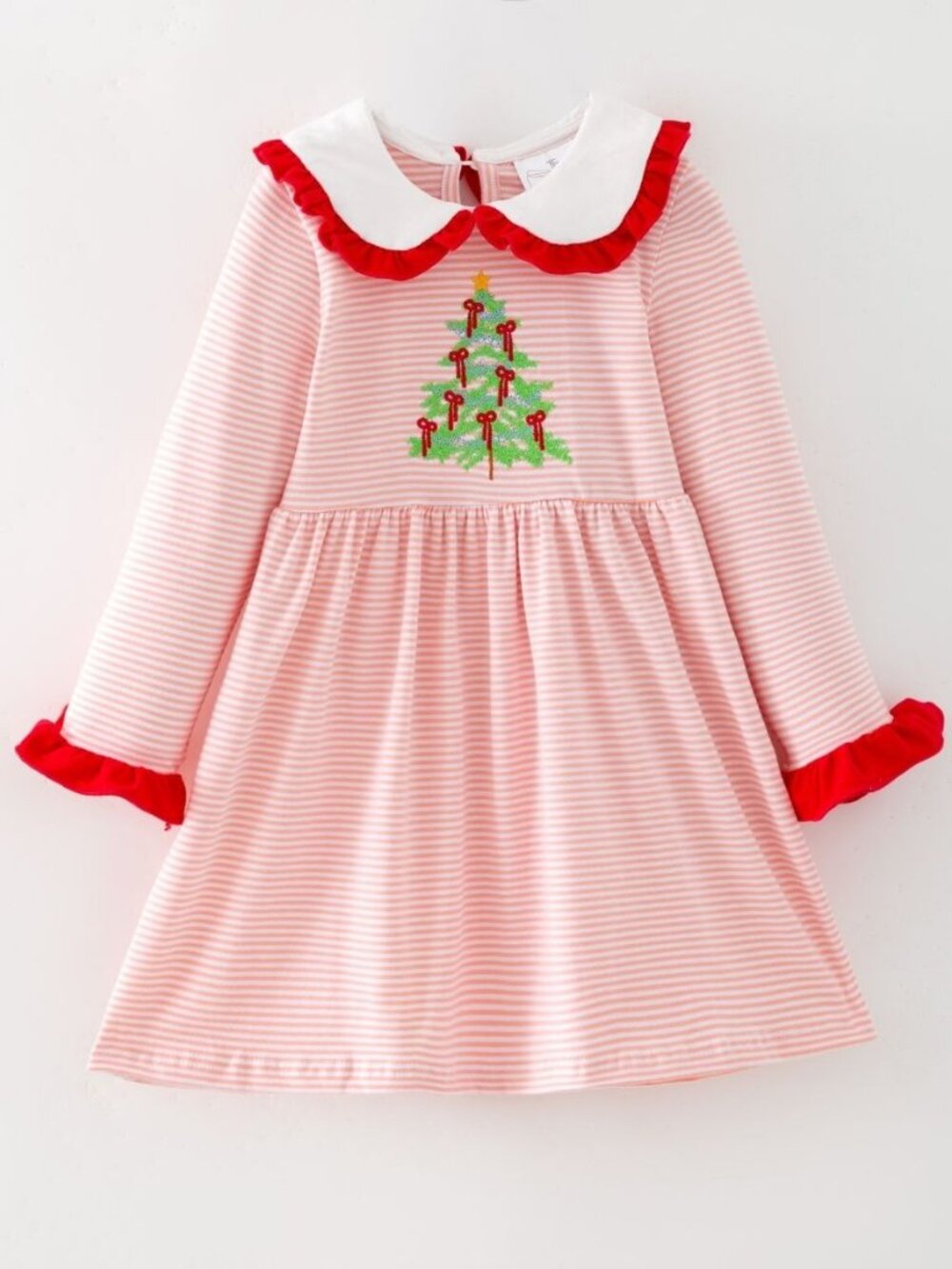 NWT Pink Stripe Christmas Tree Embroidered Peter Pan Collar Girls Holiday Dress